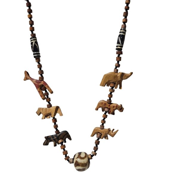 Handmade African Safari Wooden Animal Beaded Necklace Hand Carved Animals Tribal - Picture 1 of 6